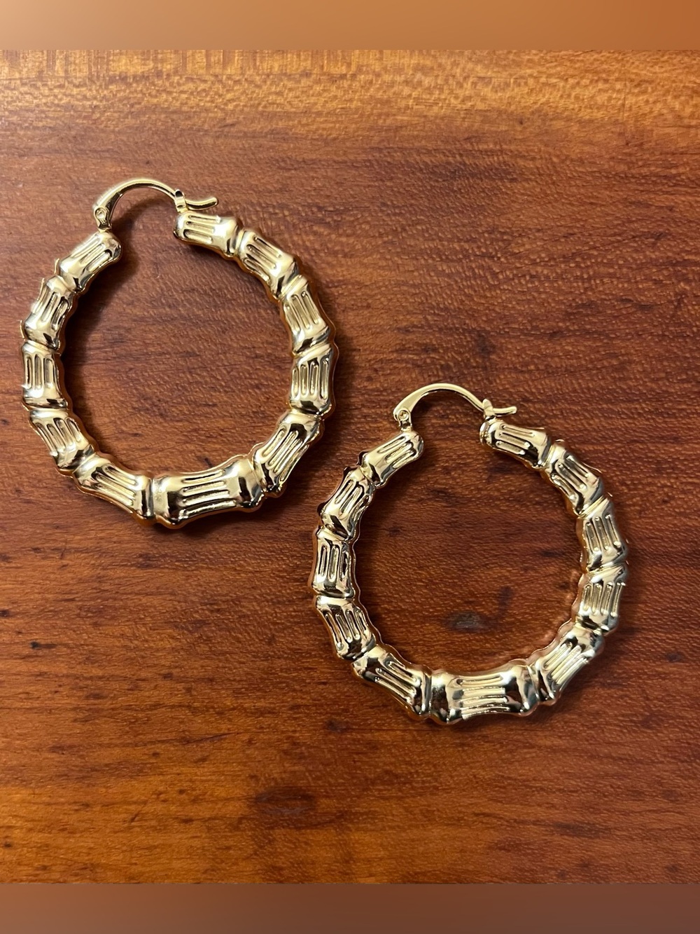 Gold Filled Bamboo Hoop Earrings Hinged Click Closure Retro 1.75" diameter #607 - Picture 3 of 4